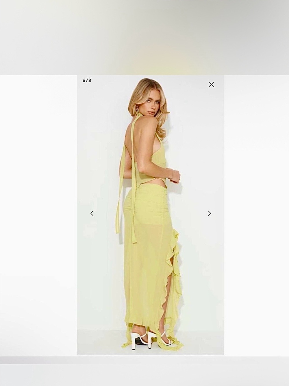 Lioness Lime Chiffon Maxi Skirt with Asymmetrical Hem, Ruching, and Ruffles - Picture 6 of 9